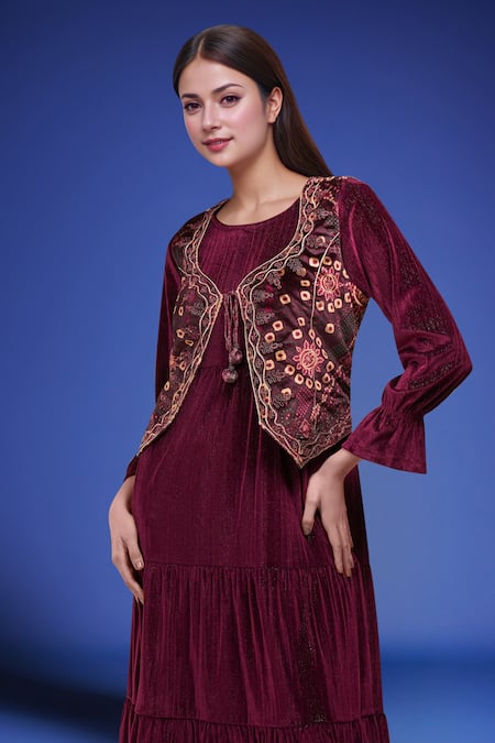 Samyukta Singhania_Wine Polyester Embroidery, Beads Round Neck Tiered Dress With Jacket _at_Aza_Fashions