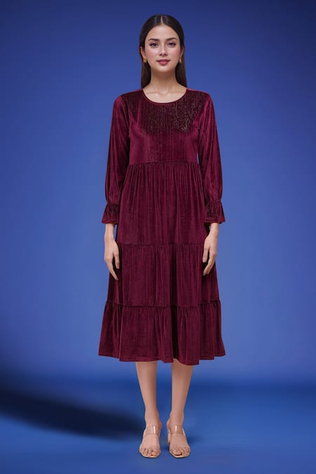 Buy_Samyukta Singhania_Wine Polyester Embroidery, Beads Round Neck Tiered Dress With Jacket 