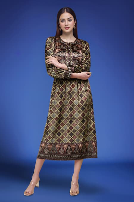 Samyukta Singhania Green Printed Dress With Belt 