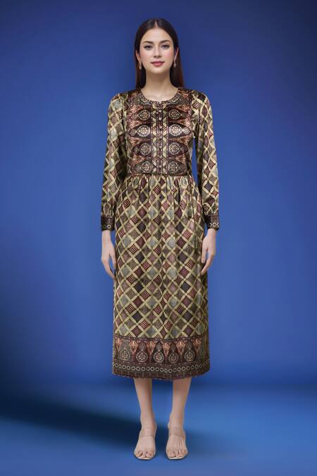 Buy_Samyukta Singhania_Green Polyester Round Neck Printed Dress With Belt _Online_at_Aza_Fashions
