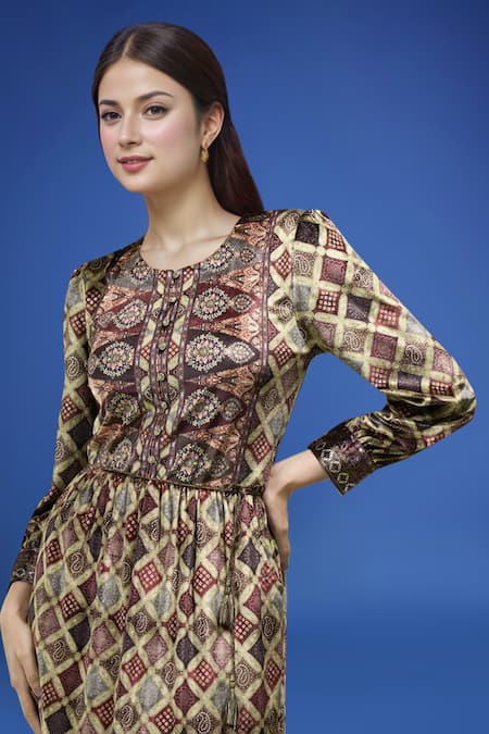 Shop_Samyukta Singhania_Green Polyester Round Neck Printed Dress With Belt _Online_at_Aza_Fashions