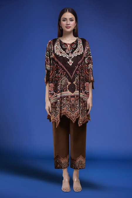 Samyukta Singhania_Black Polyester Embroidery Round Neck Printed Kaftan And Pant Set _Online_at_Aza_Fashions