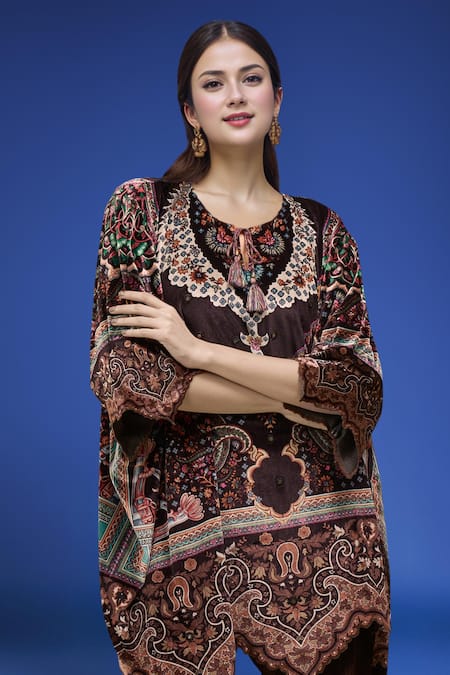 Shop_Samyukta Singhania_Black Polyester Embroidery Round Neck Printed Kaftan And Pant Set _Online_at_Aza_Fashions