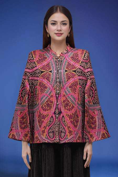 Naintara Bajaj_Multi Color Round Neck Embroidered Cape _Online_at_Aza_Fashions