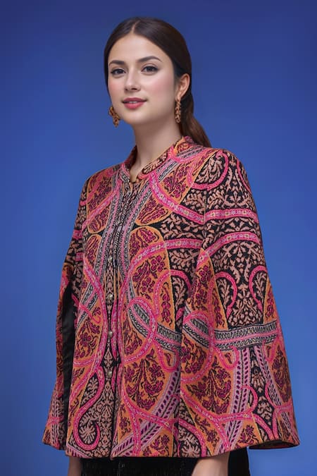 Buy_Naintara Bajaj_Multi Color Round Neck Embroidered Cape _Online_at_Aza_Fashions
