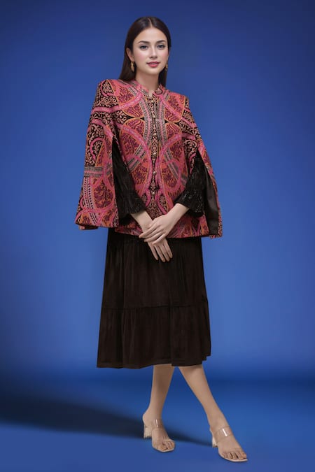 Shop_Naintara Bajaj_Multi Color Round Neck Embroidered Cape _Online_at_Aza_Fashions