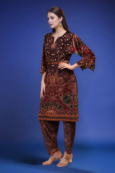 Shop_Samyukta Singhania_Burgundy Polyester Sequins Split V-neck Maroon Printed Kurta And Pant Set _Online_at_Aza_Fashions