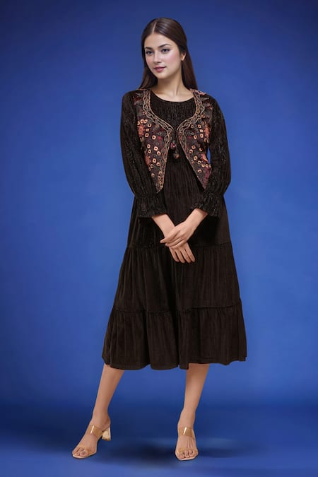Samyukta Singhania_Black Polyester Embroidery Round Neck Dress With Jacket _Online_at_Aza_Fashions