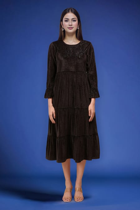 Buy_Samyukta Singhania_Black Polyester Embroidery Round Neck Dress With Jacket _Online_at_Aza_Fashions