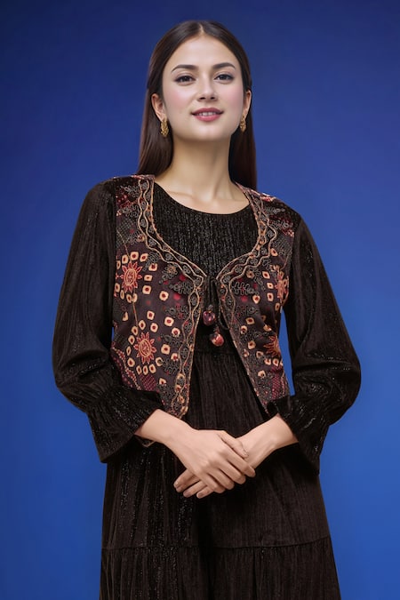 Shop_Samyukta Singhania_Black Polyester Embroidery Round Neck Dress With Jacket _Online_at_Aza_Fashions