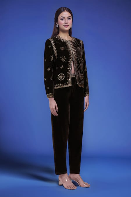 Buy_Samyukta Singhania_Black Polyester Embroidery Round Neck Velvet Jacket And Pant Set _Online_at_Aza_Fashions