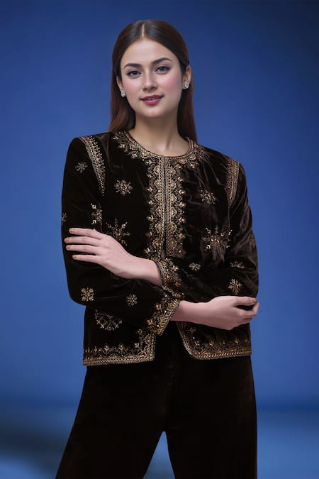 Shop_Samyukta Singhania_Black Polyester Embroidery Round Neck Velvet Jacket And Pant Set _Online_at_Aza_Fashions