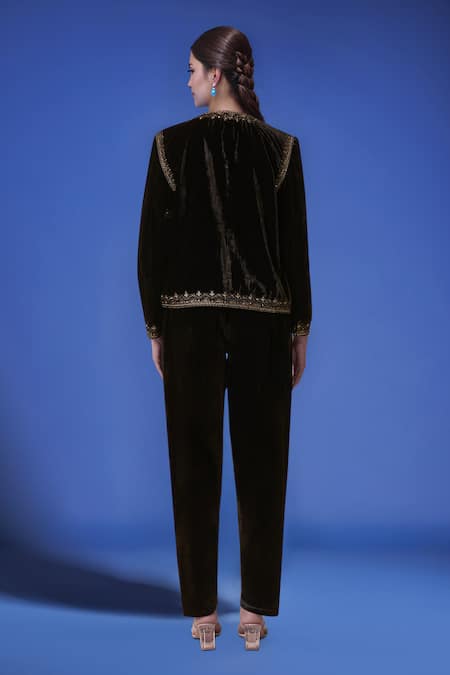 Samyukta Singhania Black Velvet Embroidered Jacket & Pant Set 