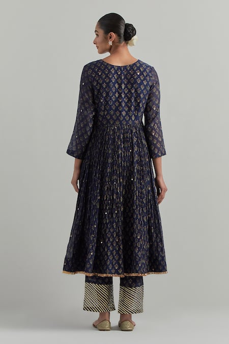 Shop Ikshita Choudhary Blue Chanderi Embroidery V-neck Block Printed Anarkali Set at Aza Fashions Shop_Ikshita Choudhary_Blue Chanderi Embroidery V-neck Block Printed Anarkali Set _at_Aza_Fashions