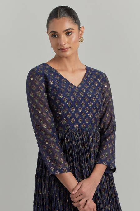 Shop Ikshita Choudhary Blue Chanderi Embroidery V-neck Block Printed Anarkali Set Online at Aza Fashions Shop_Ikshita Choudhary_Blue Chanderi Embroidery V-neck Block Printed Anarkali Set _Online_at_Aza_Fashions
