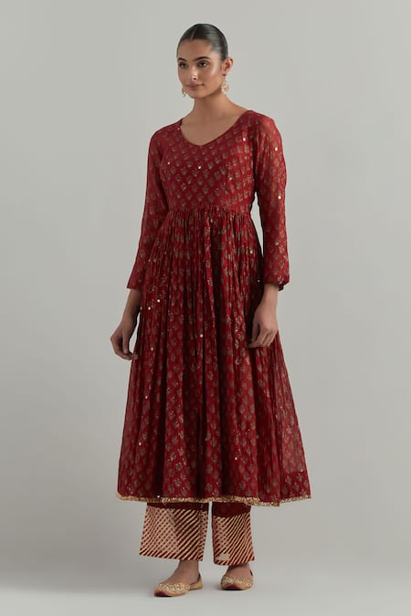 Shop Ikshita Choudhary Red Chanderi Embroidery V-neck Block Printed Anarkali Set Online at Aza Fashions Shop_Ikshita Choudhary_Red Chanderi Embroidery V-neck Block Printed Anarkali Set _Online_at_Aza_Fashions