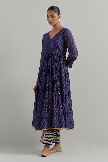 Shop Ikshita Choudhary Blue Chanderi Embroidery V-neck Block Printed Anarkali Set Online at Aza Fashions Shop_Ikshita Choudhary_Blue Chanderi Embroidery V-neck Block Printed Anarkali Set _Online_at_Aza_Fashions