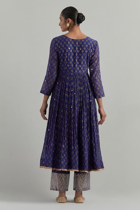 Shop Ikshita Choudhary Blue Chanderi Embroidery V-neck Block Printed Anarkali Set at Aza Fashions Shop_Ikshita Choudhary_Blue Chanderi Embroidery V-neck Block Printed Anarkali Set _at_Aza_Fashions