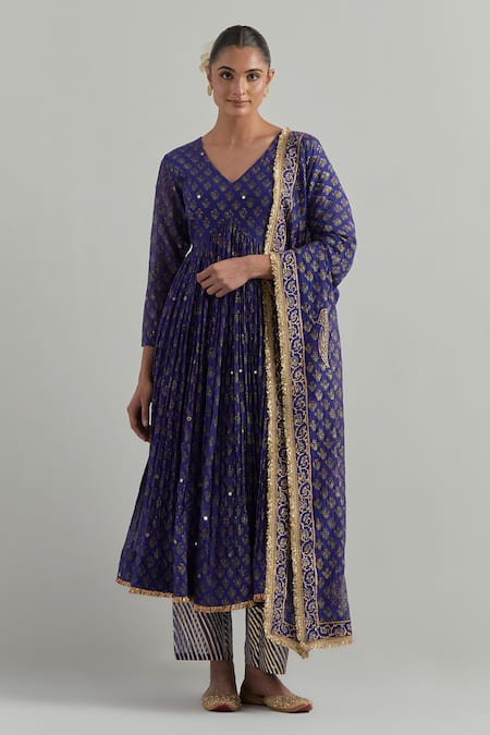 Ikshita Choudhary Blue Chanderi Embroidery V-neck Block Printed Anarkali Set 