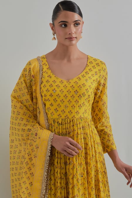 Shop_Ikshita Choudhary_Yellow Chanderi Embroidery Round Neck Block Printed Anarkali Set _Online_at_Aza_Fashions