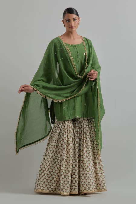 Ikshita Choudhary Green Chanderi, Cambric, Cotton Embroidery Round Neck Kurta Gharara Set 