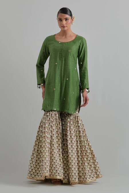 Buy_Ikshita Choudhary_Green Chanderi, Cambric, Cotton Embroidery Round Neck Kurta Gharara Set _Online_at_Aza_Fashions