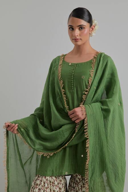 Shop_Ikshita Choudhary_Green Chanderi, Cambric, Cotton Embroidery Round Neck Kurta Gharara Set _Online_at_Aza_Fashions