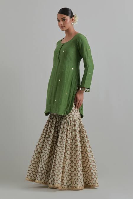 Ikshita Choudhary_Green Chanderi, Cambric, Cotton Embroidery Round Neck Kurta Gharara Set _at_Aza_Fashions