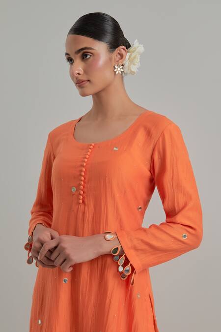 Ikshita Choudhary_Orange Chanderi, Cambric, Cotton Embroidery Block Printed Kurta Gharara Set _Online_at_Aza_Fashions