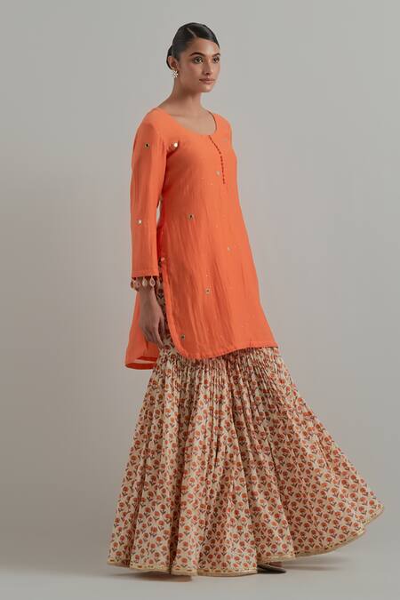 Buy_Ikshita Choudhary_Orange Chanderi, Cambric, Cotton Embroidery Block Printed Kurta Gharara Set _Online_at_Aza_Fashions