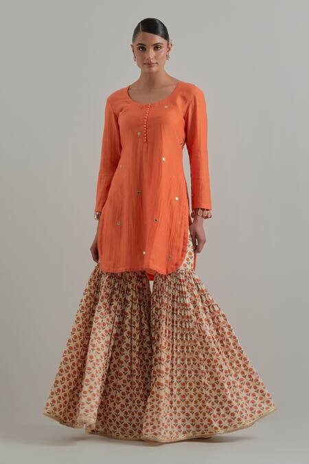 Shop_Ikshita Choudhary_Orange Chanderi, Cambric, Cotton Embroidery Block Printed Kurta Gharara Set _Online_at_Aza_Fashions
