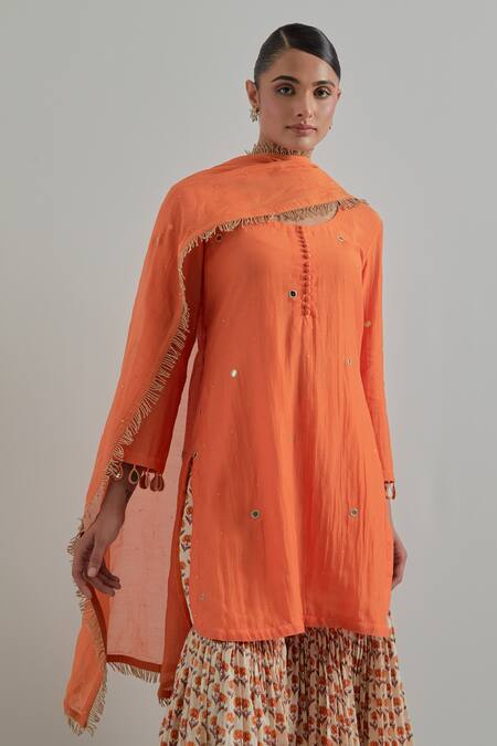 Ikshita Choudhary_Orange Chanderi, Cambric, Cotton Embroidery Block Printed Kurta Gharara Set _at_Aza_Fashions