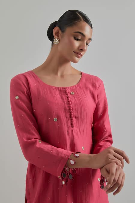 Buy_Ikshita Choudhary_Pink Chanderi, Cambric, Cotton Embroidery Round Block Print Kurta Gharara Set _Online_at_Aza_Fashions