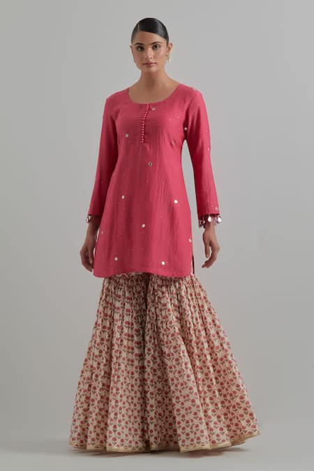 Ikshita Choudhary_Pink Chanderi, Cambric, Cotton Embroidery Round Block Print Kurta Gharara Set _at_Aza_Fashions