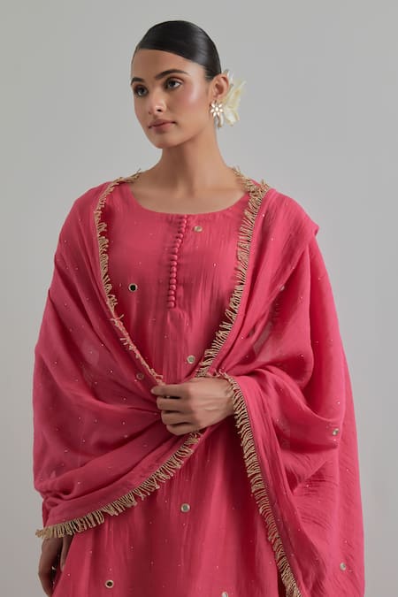 Buy_Ikshita Choudhary_Pink Chanderi, Cambric, Cotton Embroidery Round Block Print Kurta Gharara Set 
