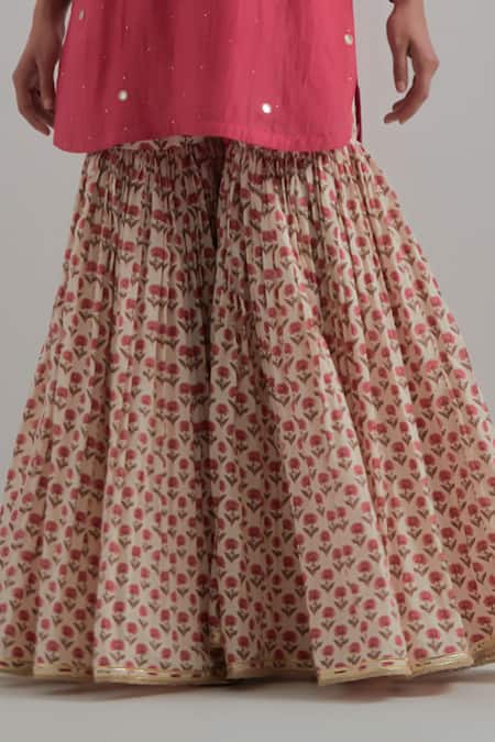 Shop_Ikshita Choudhary_Pink Chanderi, Cambric, Cotton Embroidery Round Block Print Kurta Gharara Set 