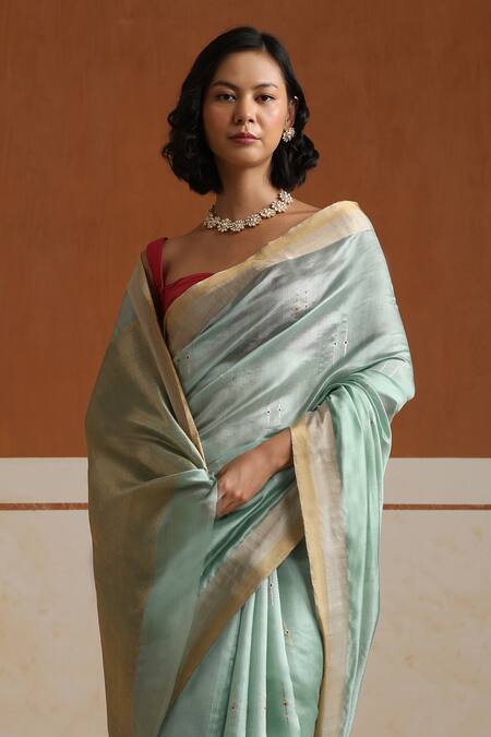 Buy Weaver Story Aqua Chanderi Embroidery Blue Saree With Running Blouse Online at Aza Fashions Buy_Weaver Story_Aqua Chanderi Embroidery Blue Saree With Running Blouse _Online_at_Aza_Fashions