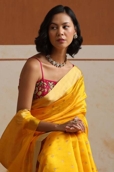 Weaver Story_Yellow Chanderi Saree With Running Blouse _Online_at_Aza_Fashions