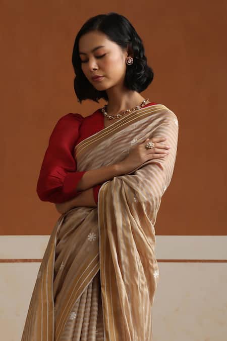 Shop_Weaver Story_Gray Chanderi Embroidery Dusty Grey Saree With Running Blouse _Online_at_Aza_Fashions