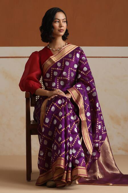 Weaver Story_Purple Chanderi Embroidery Printed Saree With Running Blouse_Online_at_Aza_Fashions