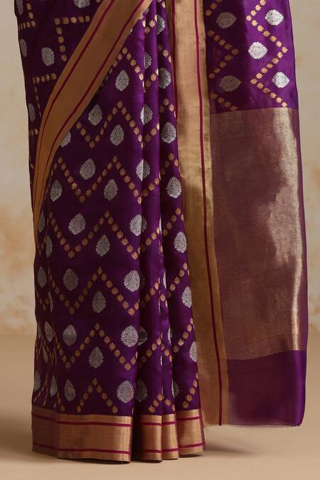 Buy_Weaver Story_Purple Chanderi Embroidery Printed Saree With Running Blouse_Online_at_Aza_Fashions