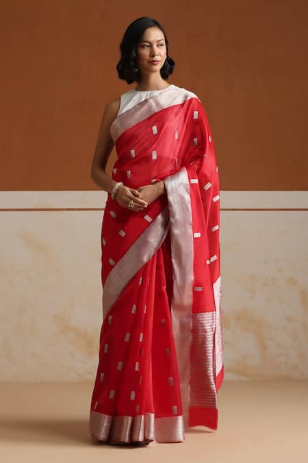 Weaver Story Red Chanderi Designer Saree With Running Blouse 