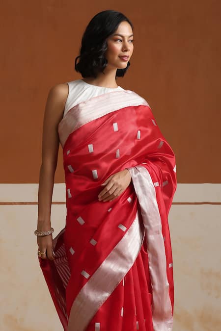 Weaver Story_Red Chanderi Designer Saree With Running Blouse _Online_at_Aza_Fashions