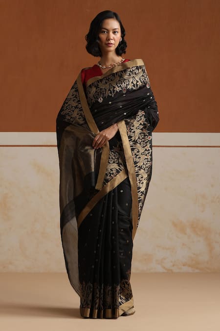 Weaver Story Black Chanderi Embroidery Designer Saree With Running Blouse