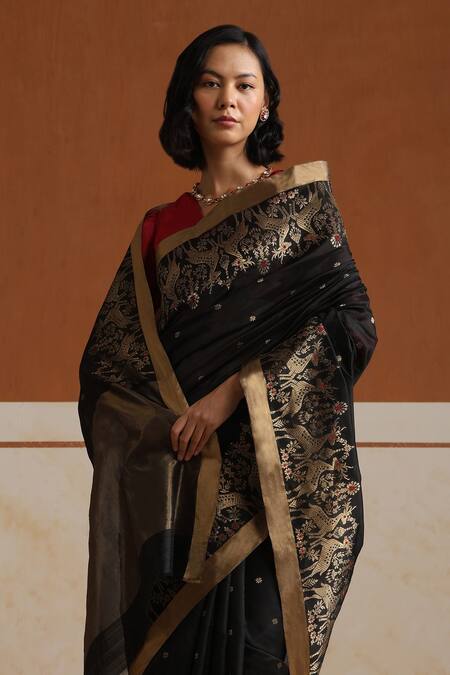 Buy_Weaver Story_Black Chanderi Embroidery Designer Saree With Running Blouse _Online_at_Aza_Fashions