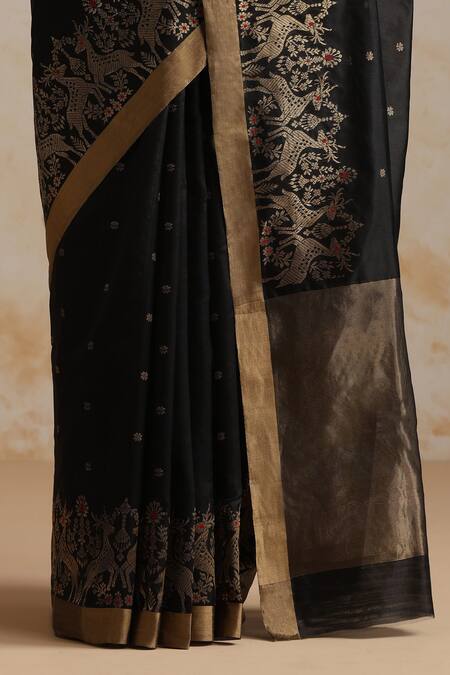 Shop_Weaver Story_Black Chanderi Embroidery Designer Saree With Running Blouse _Online_at_Aza_Fashions