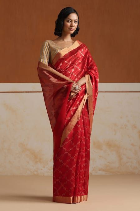 Weaver Story Red Chanderi Embroidery Designer Saree With Running Blouse 