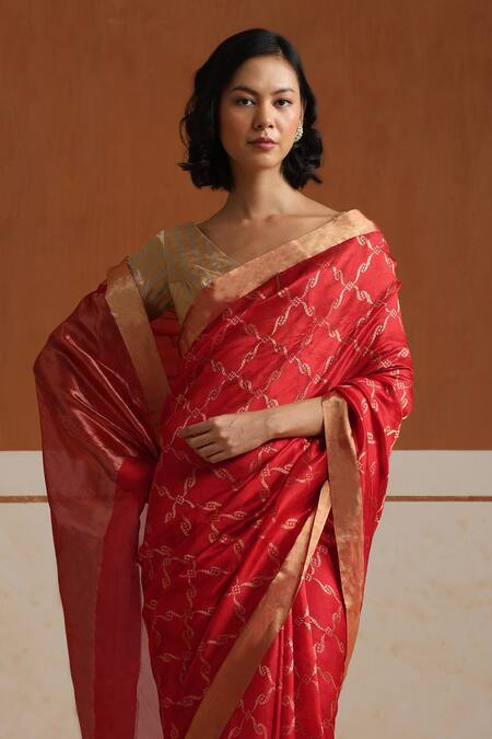 Weaver Story_Red Chanderi Embroidery Designer Saree With Running Blouse_Online_at_Aza_Fashions