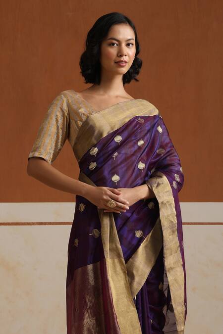 Buy_Weaver Story_Purple Chanderi Embroidery Plum Saree With Running Blouse_Online_at_Aza_Fashions