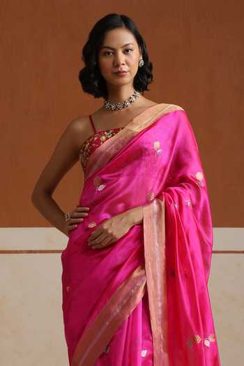 Weaver Story_Pink Chanderi Embroidery Hot Saree With Running Blouse_Online_at_Aza_Fashions